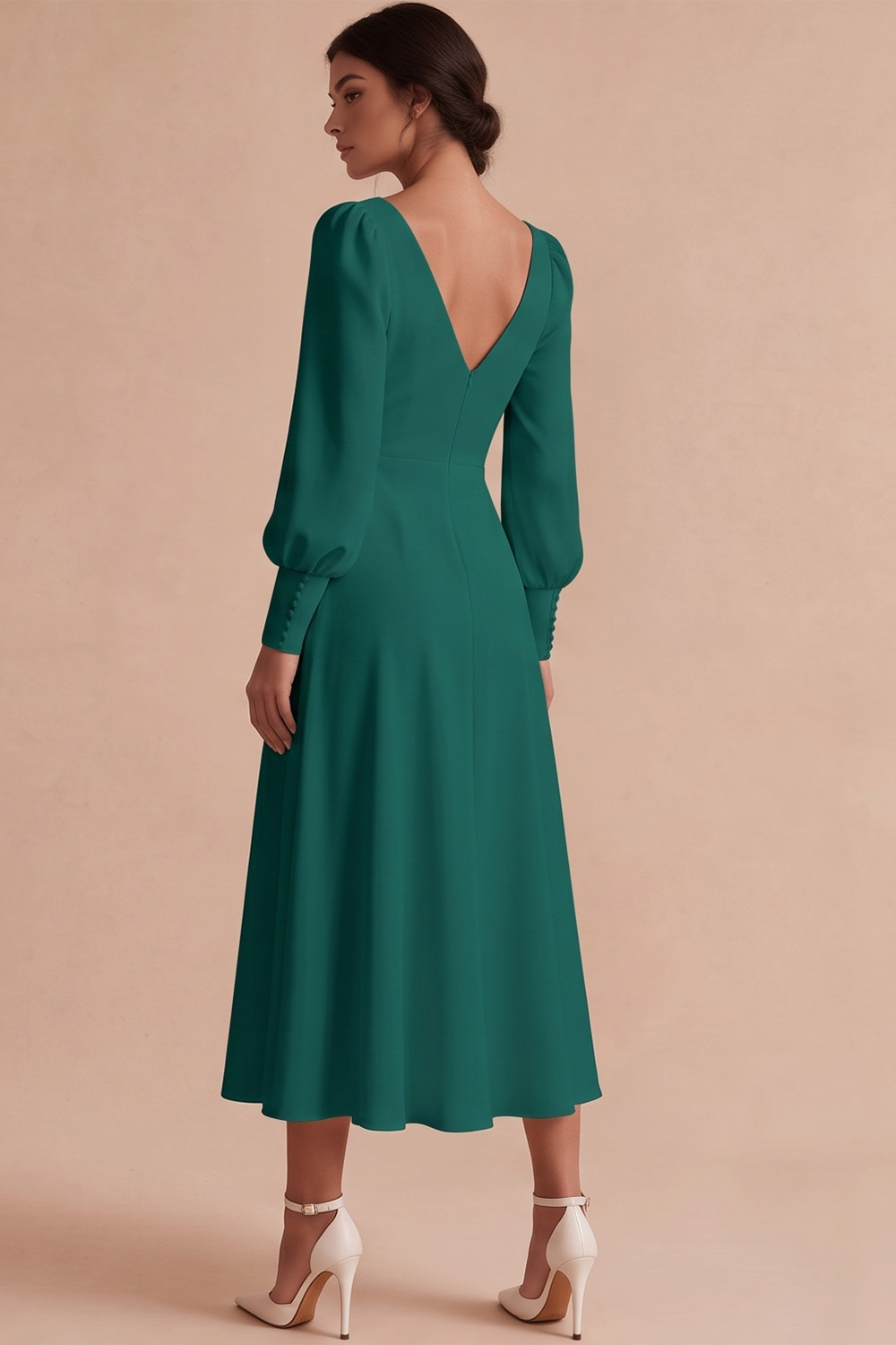 White V-Neck Puff Sleeves A Line Ruched Midi Engagement Dress