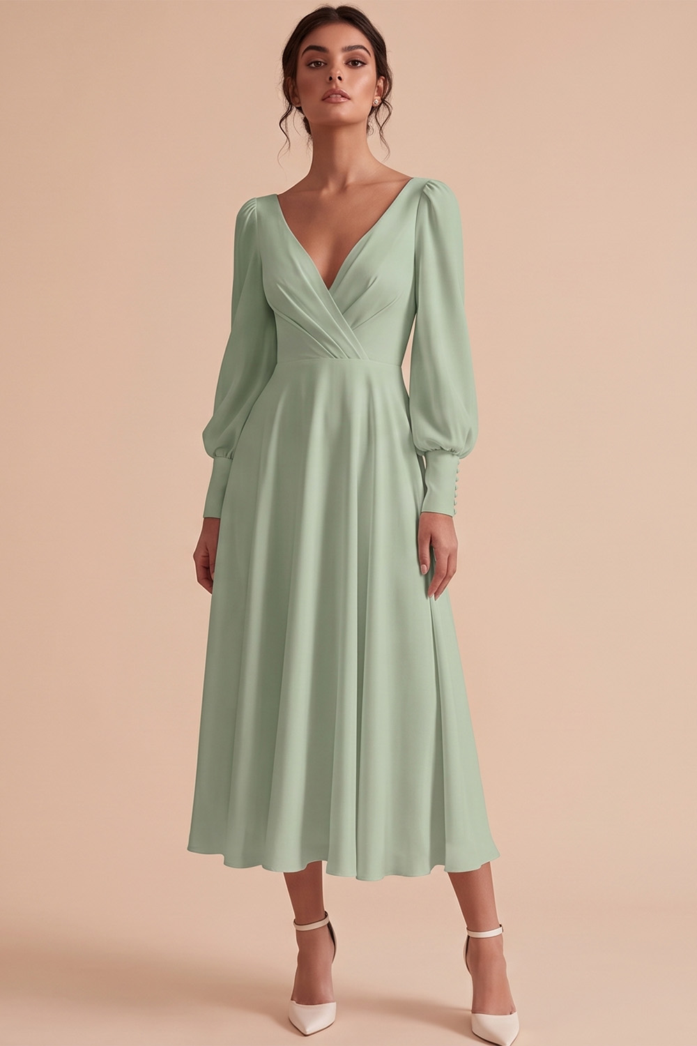 White V-Neck Puff Sleeves A Line Ruched Midi Engagement Dress