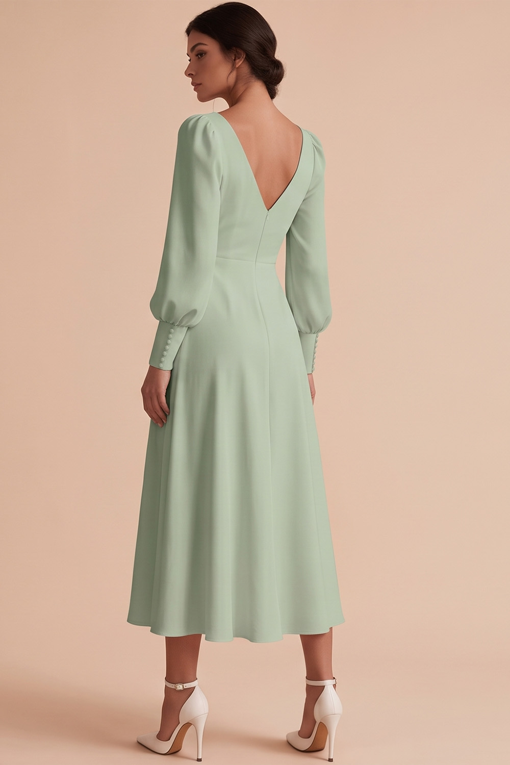 White V-Neck Puff Sleeves A Line Ruched Midi Engagement Dress