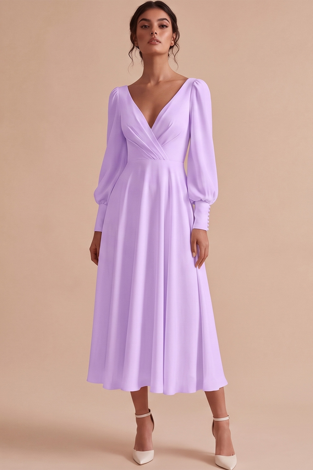 White V-Neck Puff Sleeves A Line Ruched Midi Engagement Dress