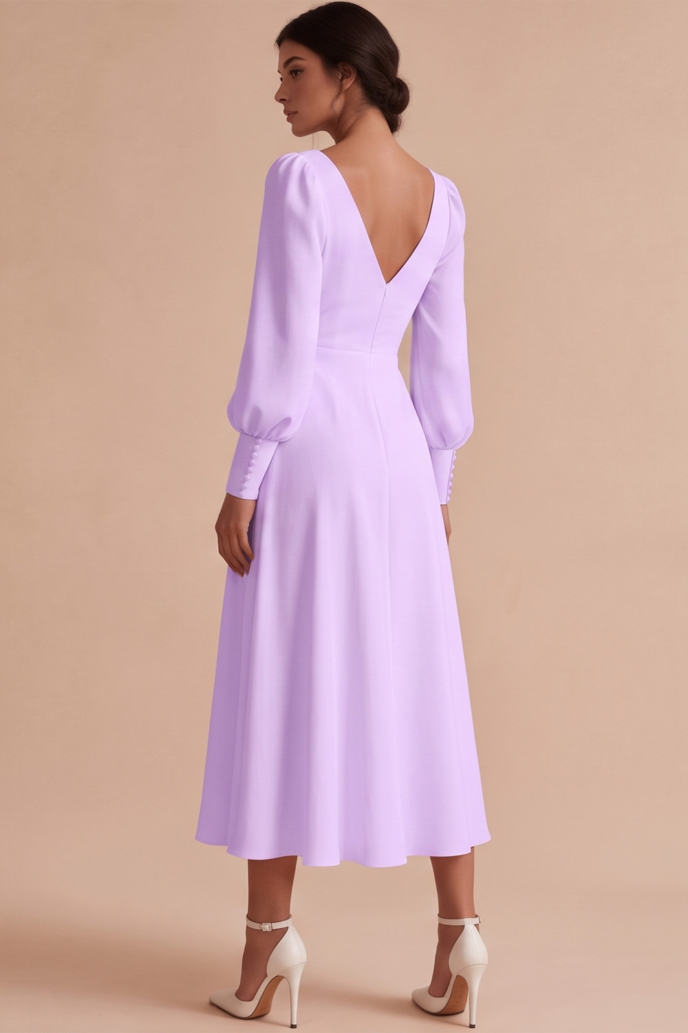 White V-Neck Puff Sleeves A Line Ruched Midi Engagement Dress