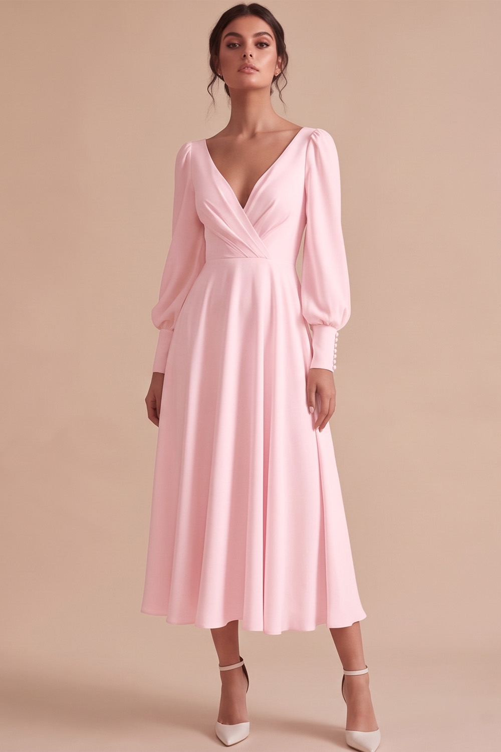 White V-Neck Puff Sleeves A Line Ruched Midi Engagement Dress