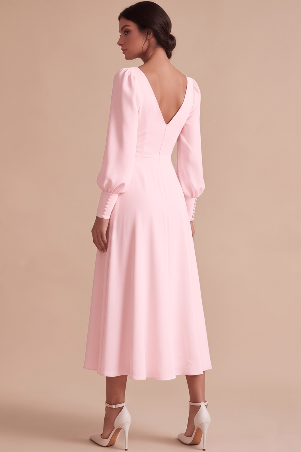 White V-Neck Puff Sleeves A Line Ruched Midi Engagement Dress