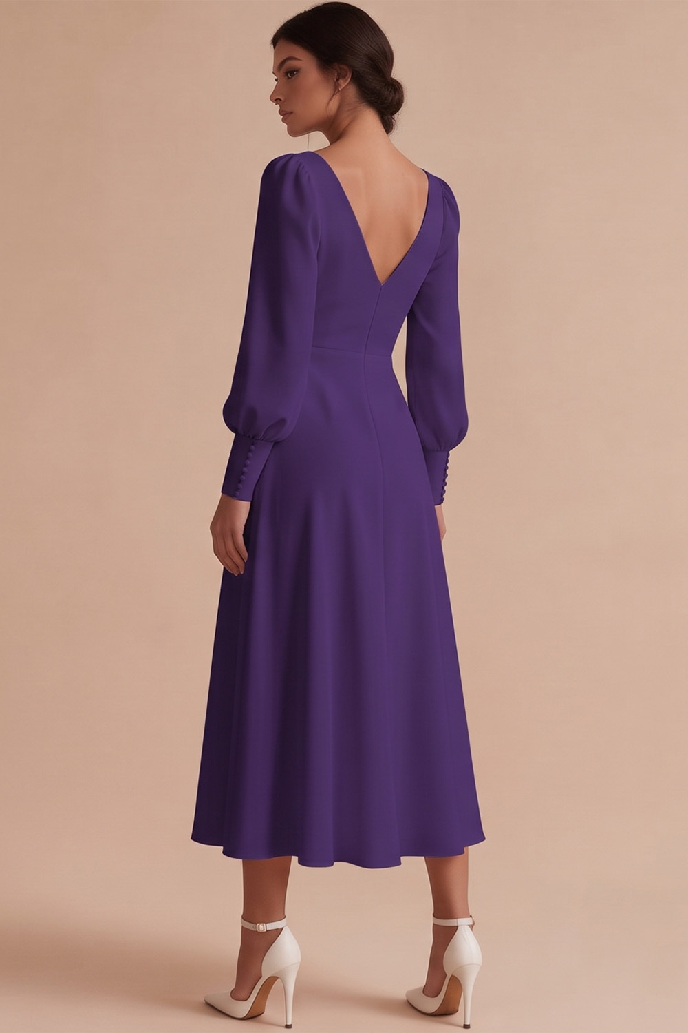 White V-Neck Puff Sleeves A Line Ruched Midi Engagement Dress