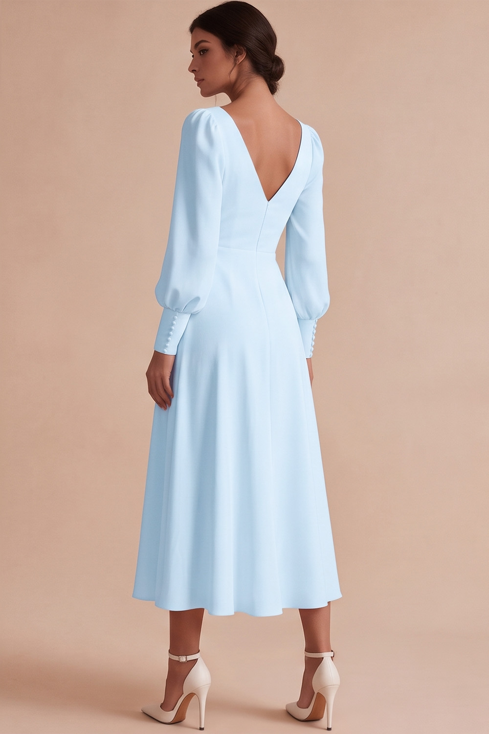 White V-Neck Puff Sleeves A Line Ruched Midi Engagement Dress