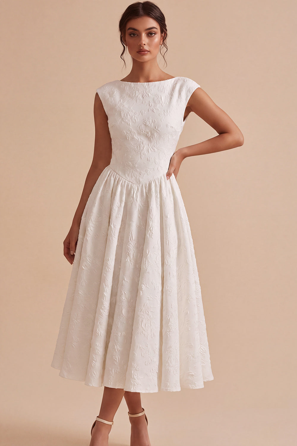 Floral White Bateau Neck A Line Cap sleeves Midi Engagement Dress