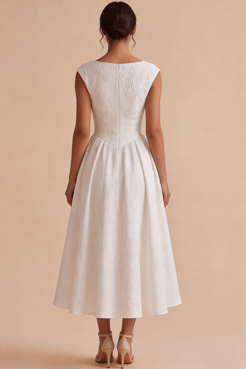 Floral White Bateau Neck A Line Cap sleeves Midi Engagement Dress
