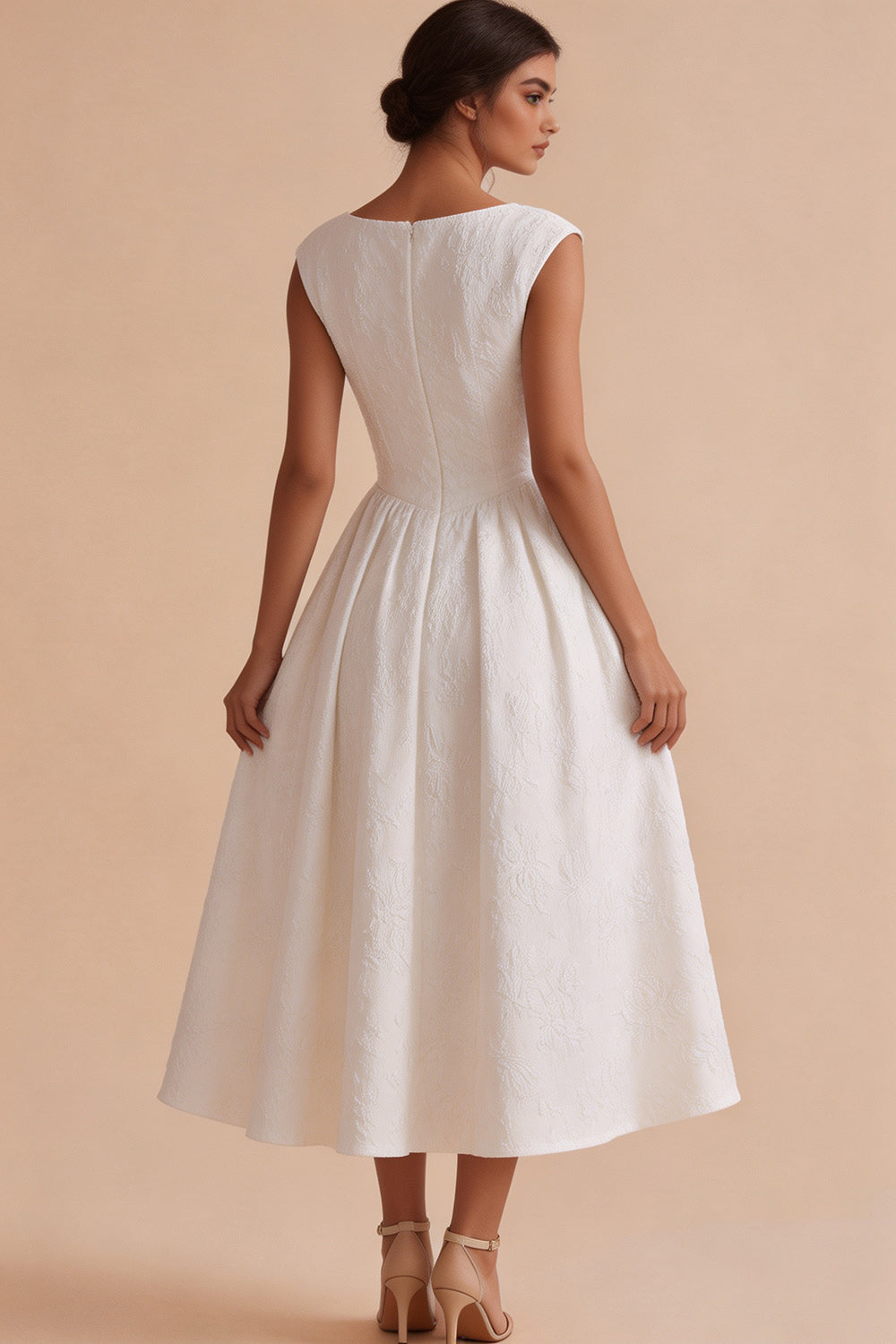 Floral White Bateau Neck A Line Cap sleeves Midi Engagement Dress