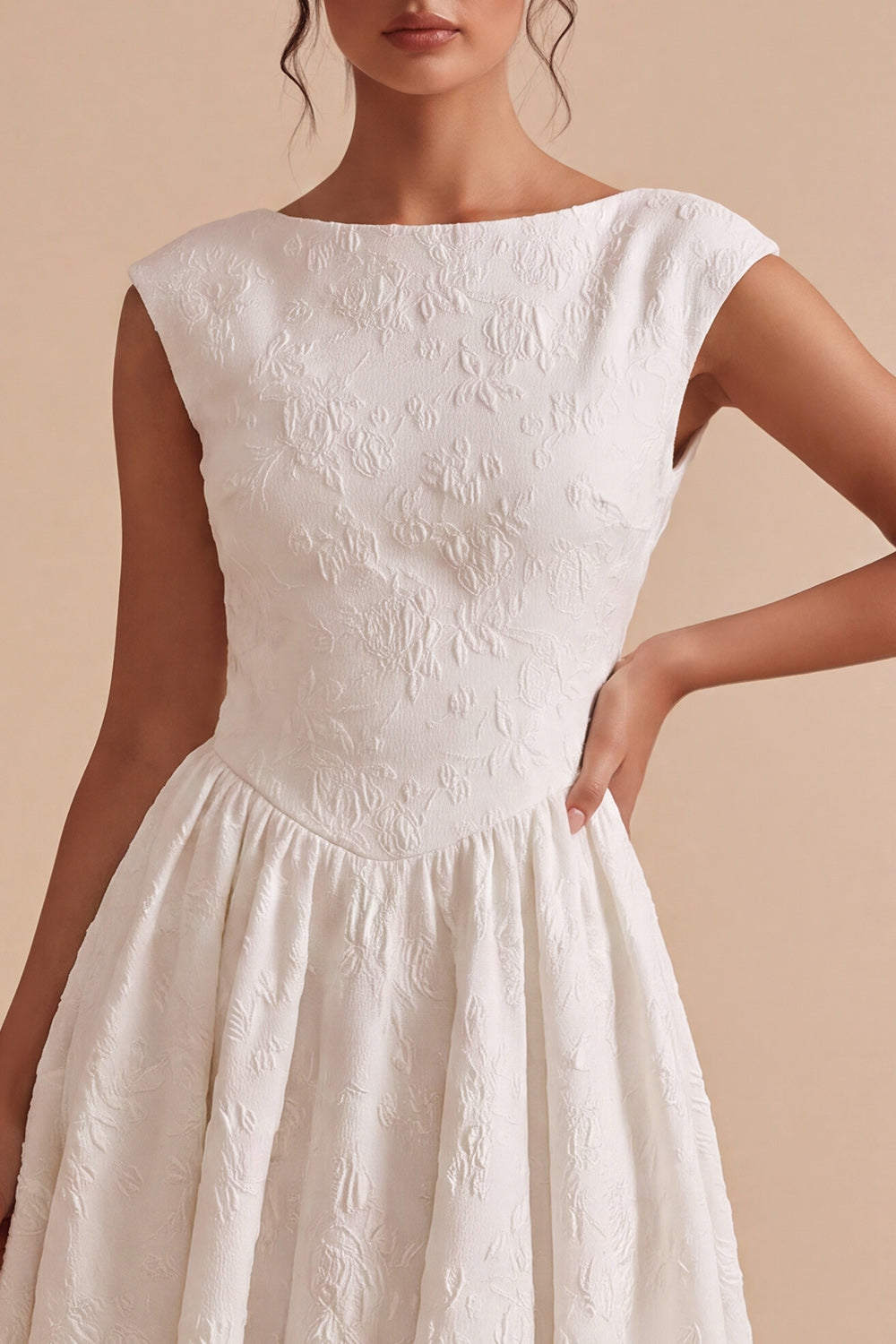 Floral White Bateau Neck A Line Cap sleeves Midi Engagement Dress