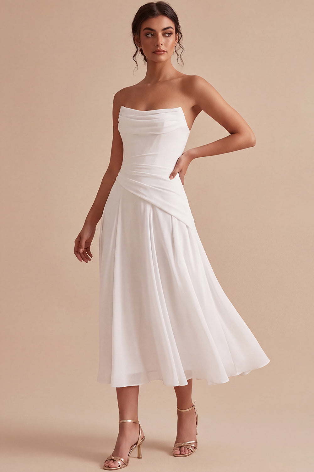 White Chiffon Strapless A Line Ruched Midi Engagement Dress