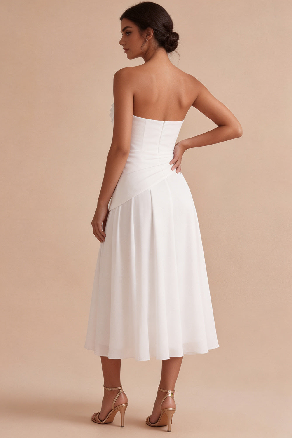 White Chiffon Strapless A Line Ruched Midi Engagement Dress