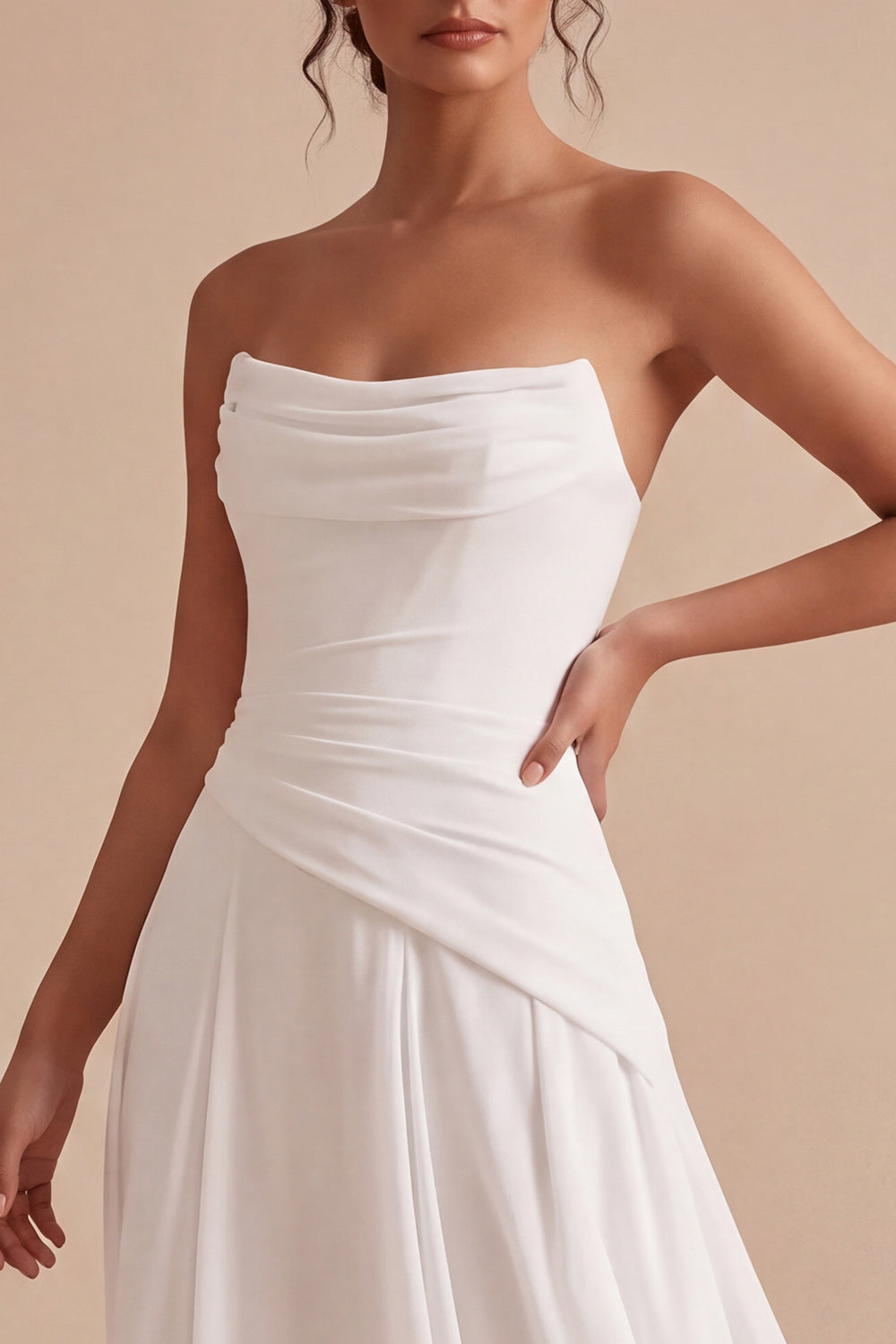 White Chiffon Strapless A Line Ruched Midi Engagement Dress