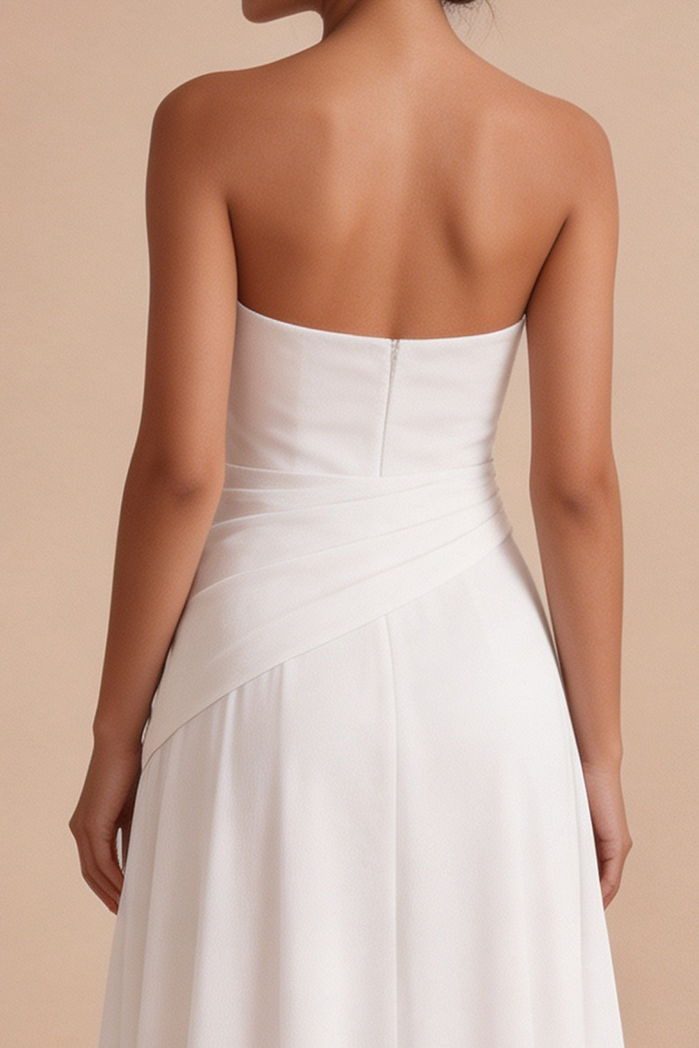 White Chiffon Strapless A Line Ruched Midi Engagement Dress
