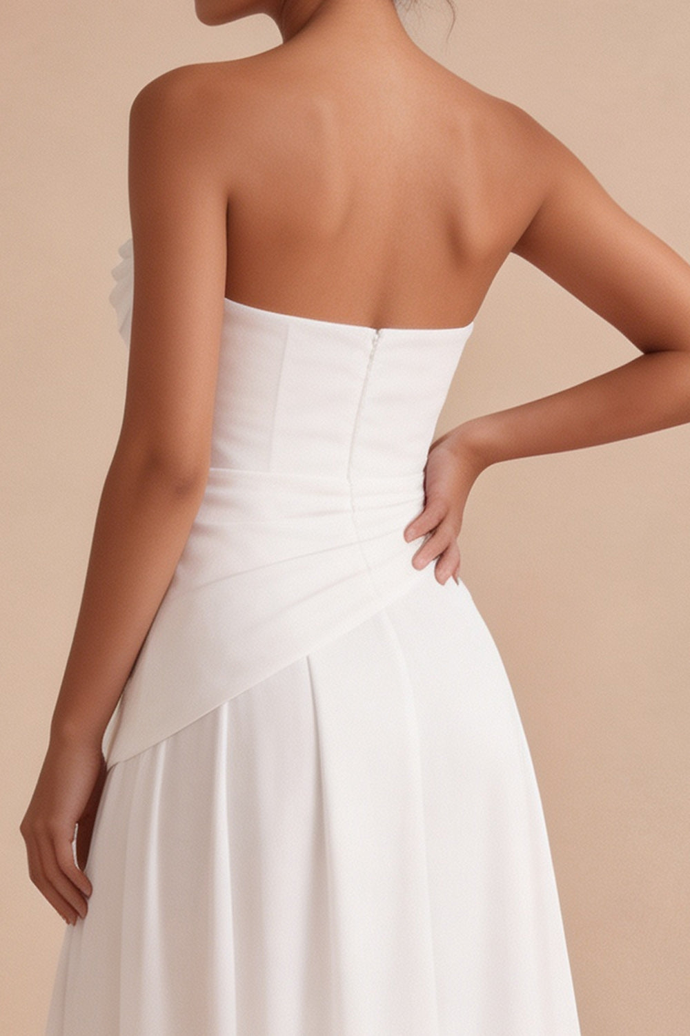 White Chiffon Strapless A Line Ruched Midi Engagement Dress
