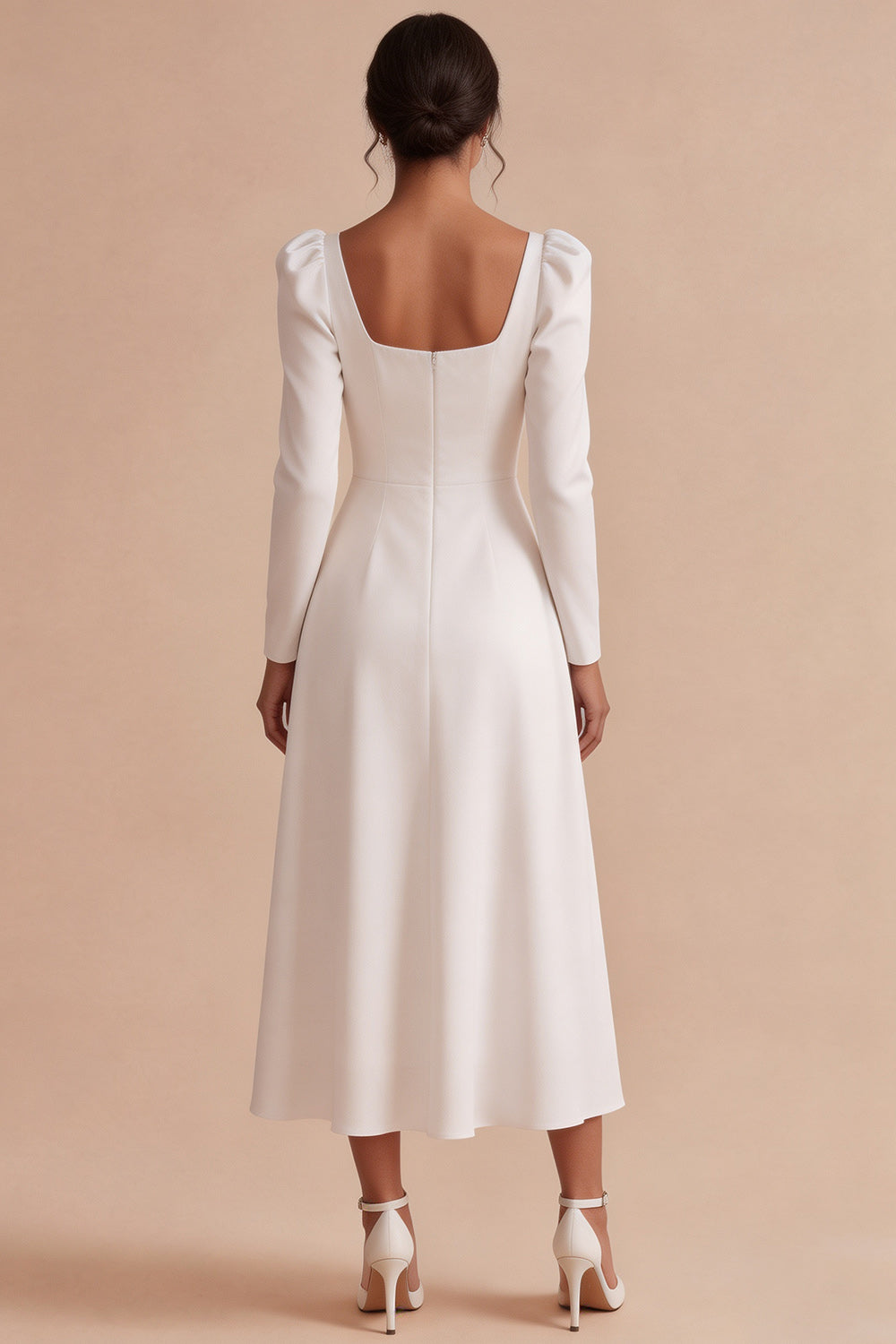 White Square Neck A Line Midi Engagement Dress with Sleeves