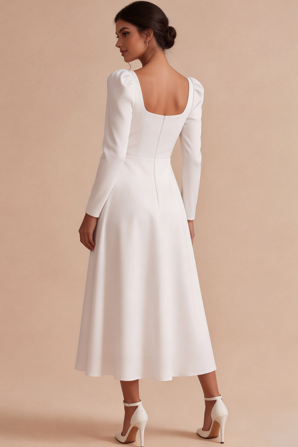 White Square Neck A Line Midi Engagement Dress with Sleeves