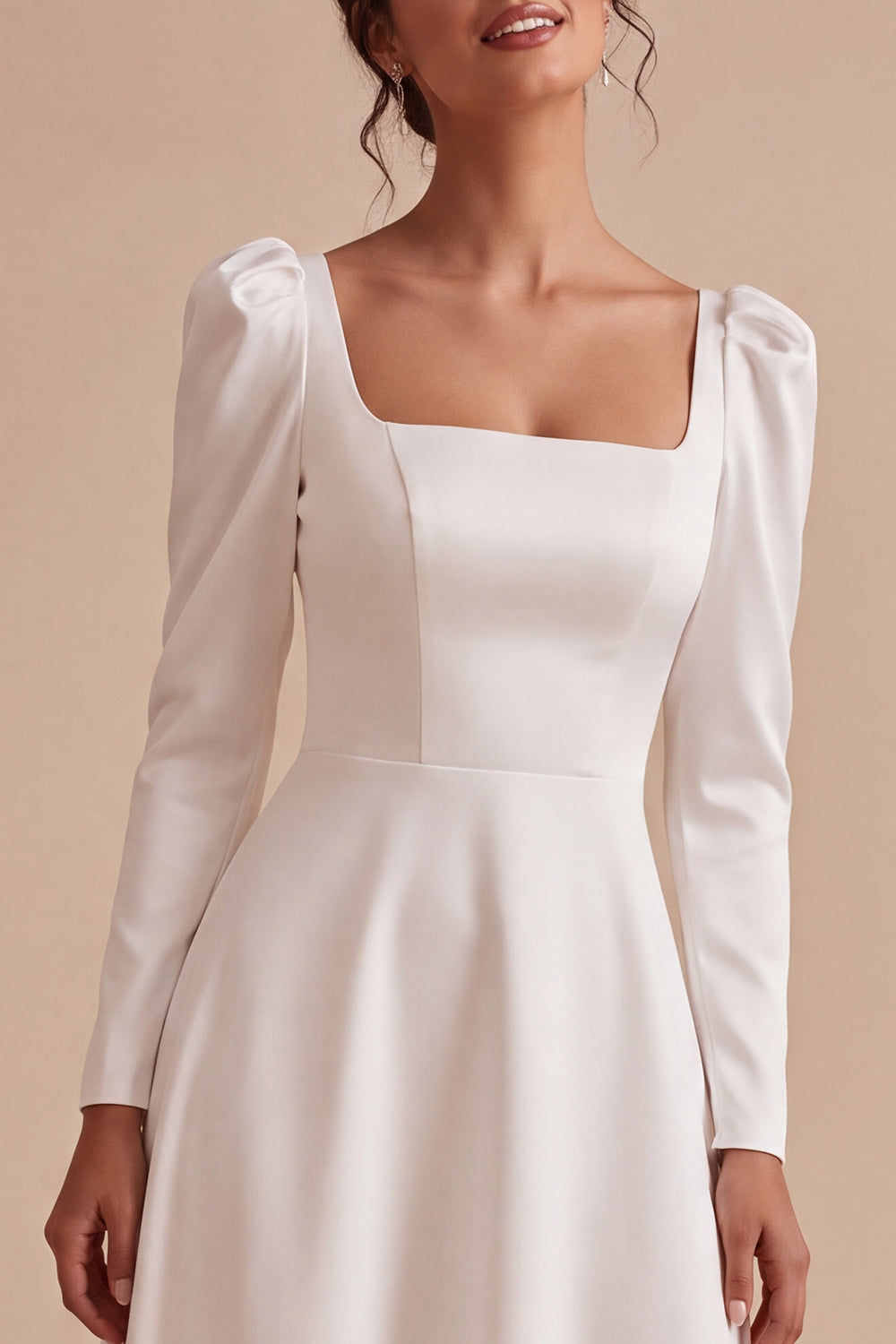 White Square Neck A Line Midi Engagement Dress with Sleeves