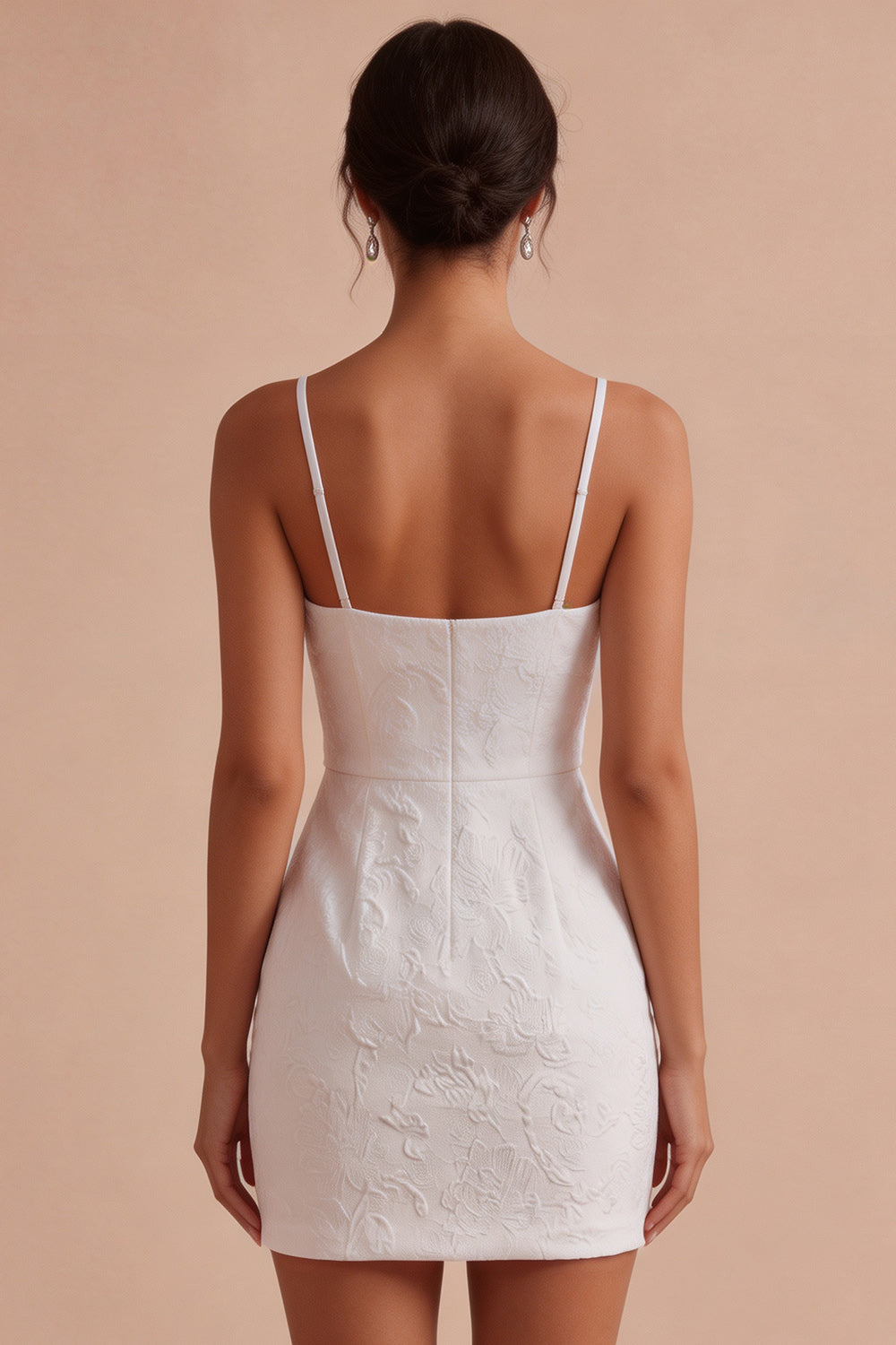 White Spaghetti Straps Floral Tight Ruched Short Bridal Shower Dress