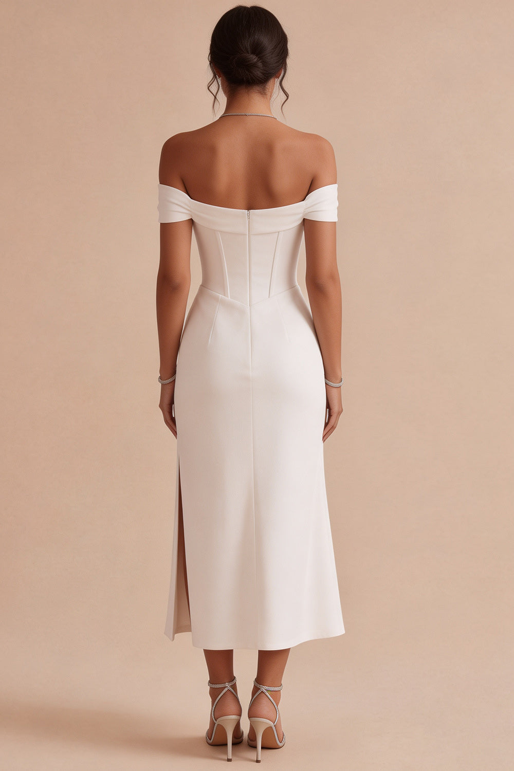 White Corset Off the Shoulder Ruched Midi Engagement Dress with Slit
