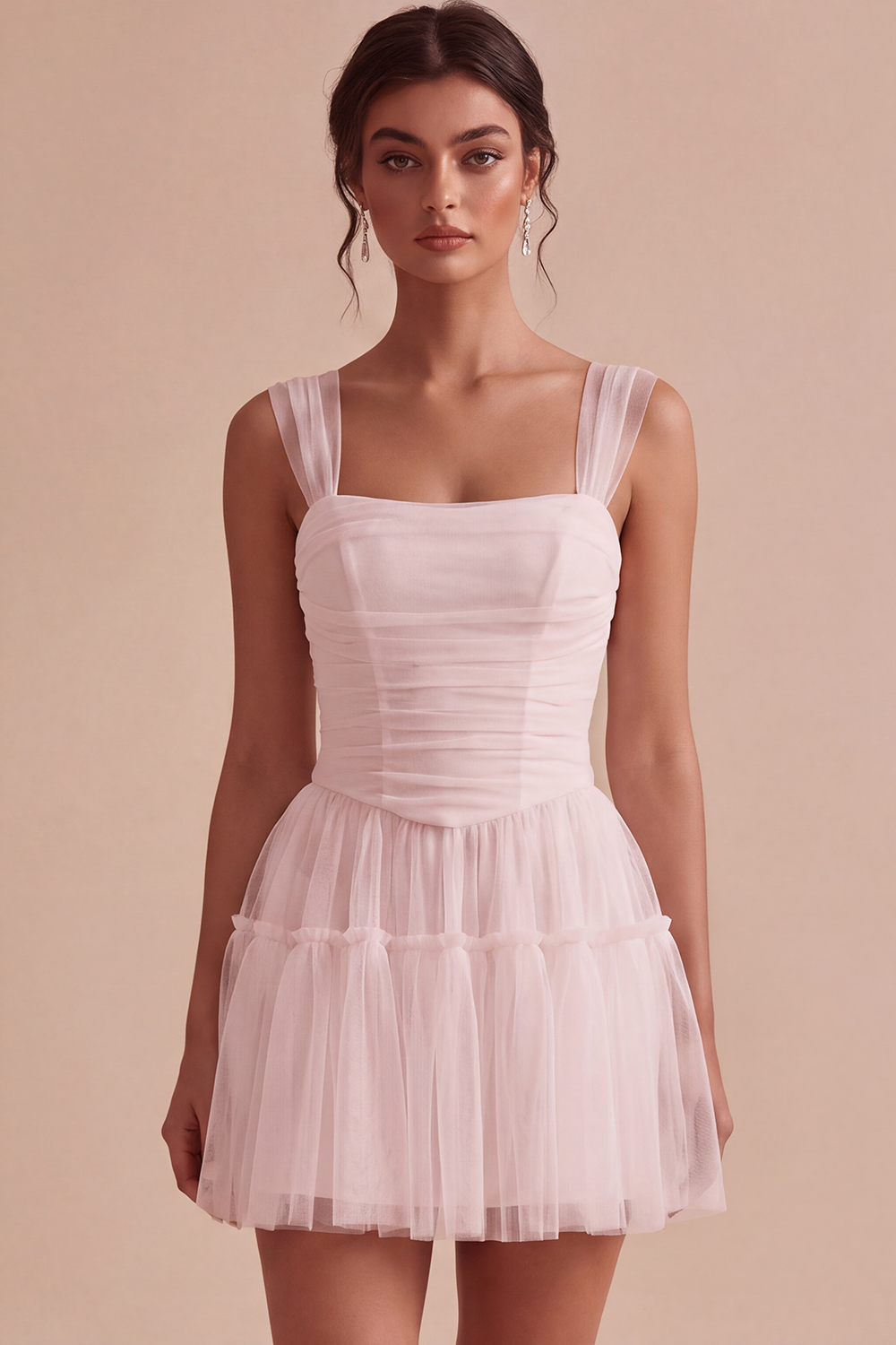 Corset Tulle White A Line Thick Straps Short Graduation Dress