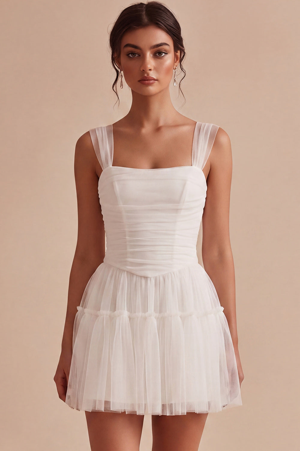 Corset Tulle White A Line Thick Straps Short Graduation Dress