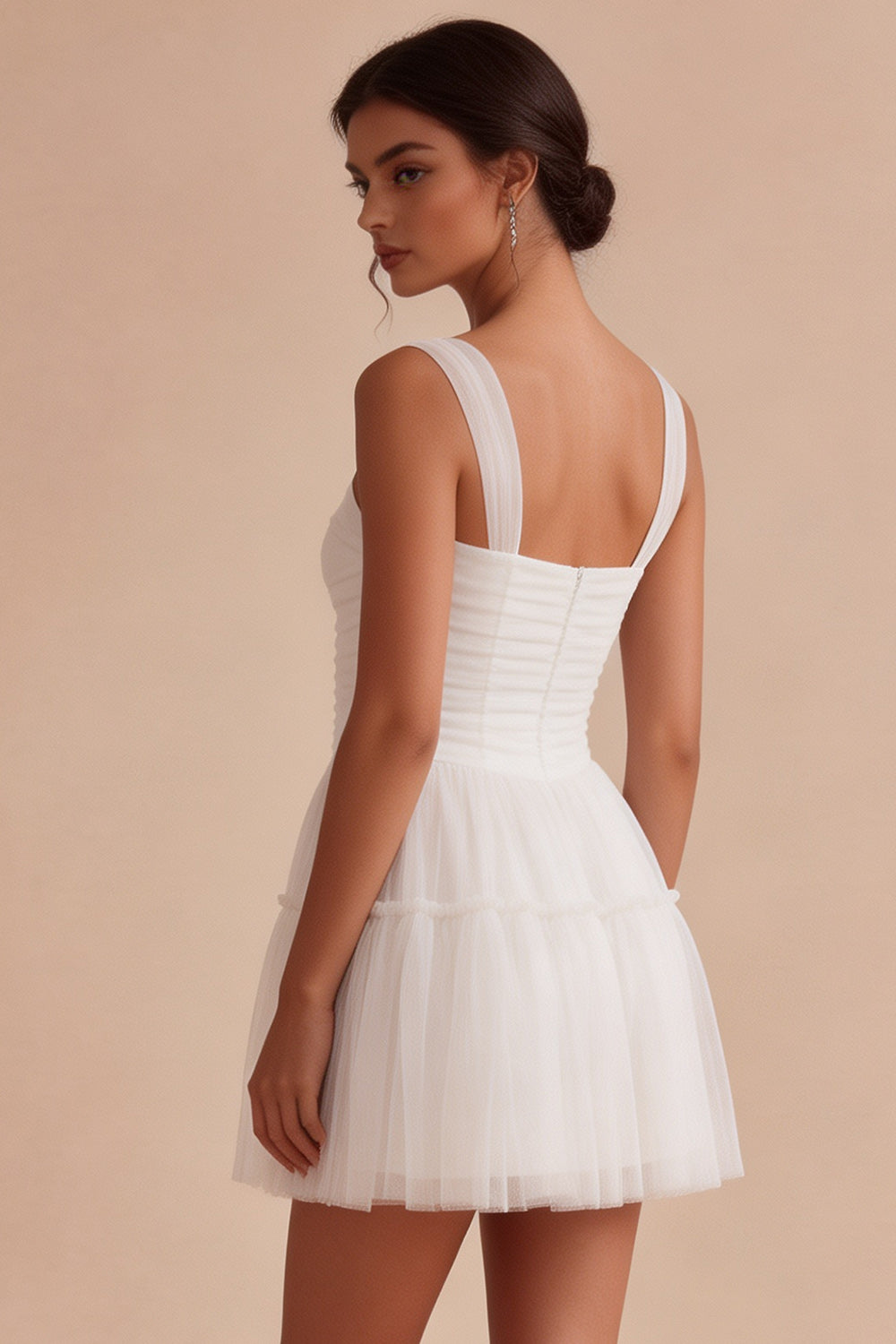 Corset Tulle White A Line Thick Straps Short Graduation Dress