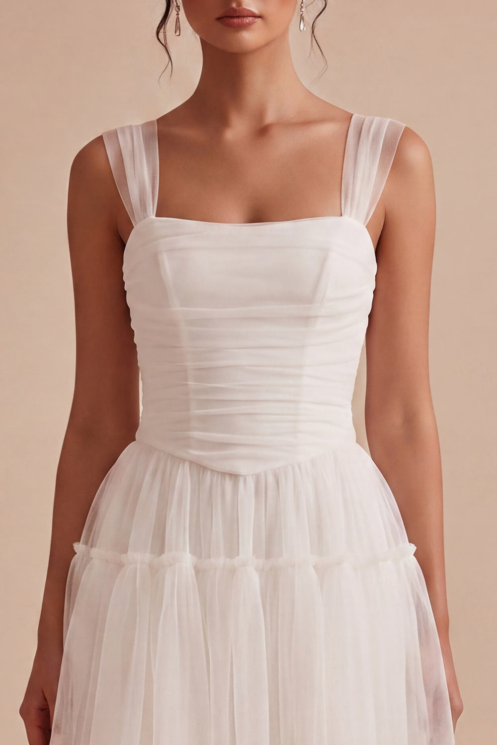 Corset Tulle White A Line Thick Straps Short Graduation Dress