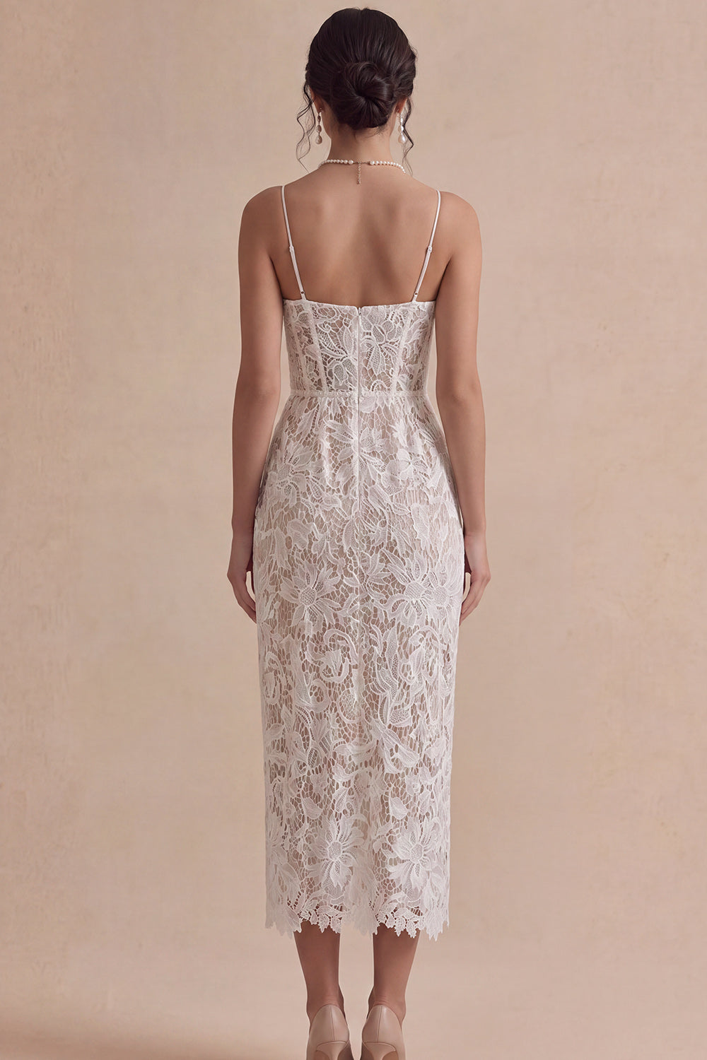 Floral White Bodycon Lace Corset Midi Engagement Dress with Slit