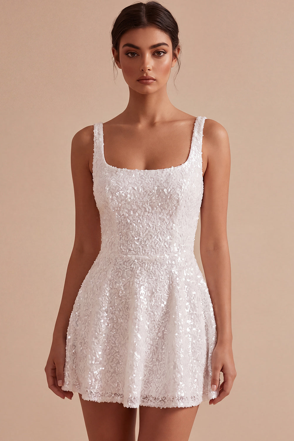 White Sequin Sparkly A Line Square Neck Short Graduation Dress