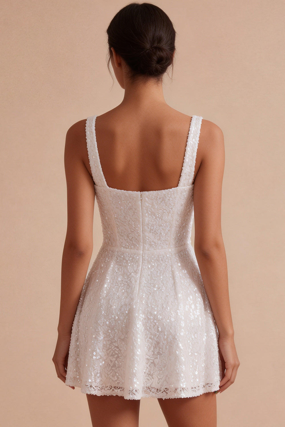White Sequin Sparkly A Line Square Neck Short Graduation Dress