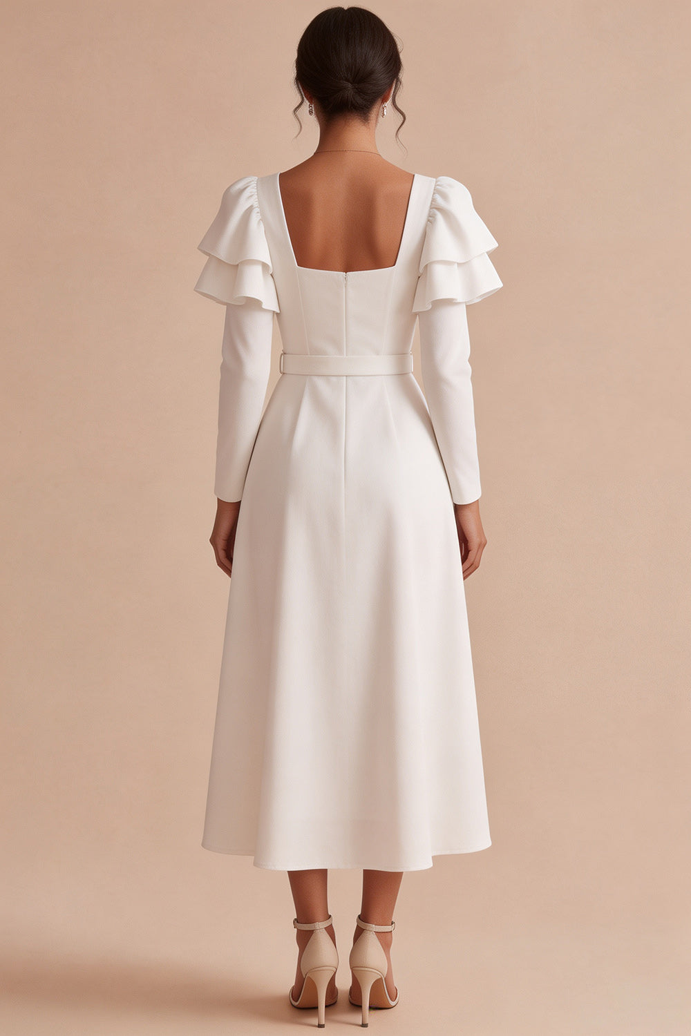 White Square Neck A Line Ruffle Sleeves Midi Engagement Dress with Belt