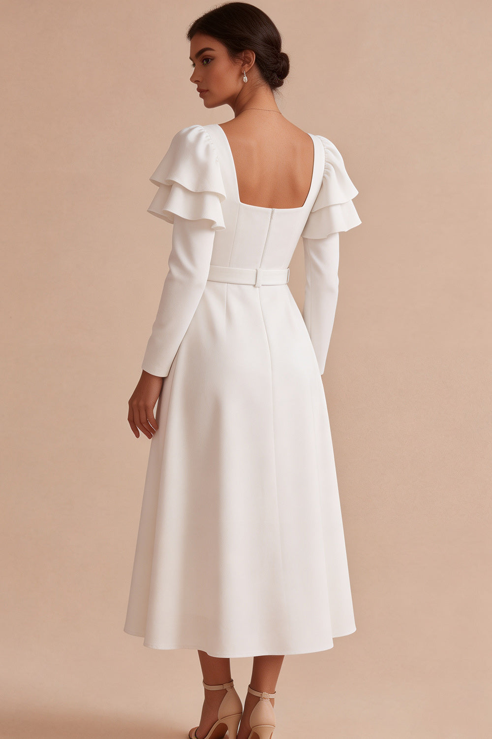 White Square Neck A Line Ruffle Sleeves Midi Engagement Dress with Belt