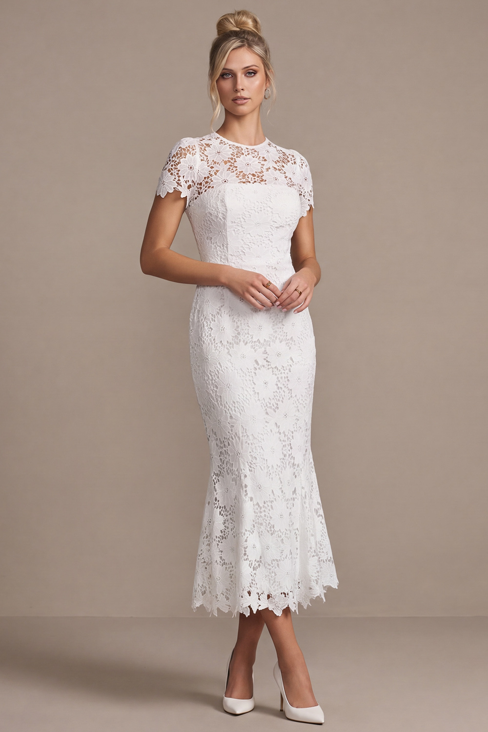 White Round Neck Mermaid Lace Midi Rehearsal Dinner Dress