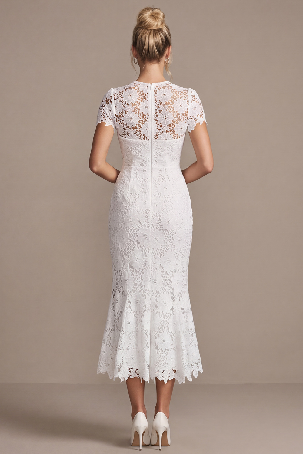 White Round Neck Mermaid Lace Midi Rehearsal Dinner Dress