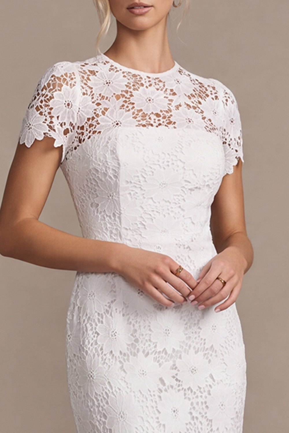 White Round Neck Mermaid Lace Midi Rehearsal Dinner Dress