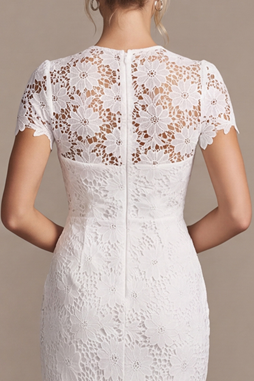White Round Neck Mermaid Lace Midi Rehearsal Dinner Dress