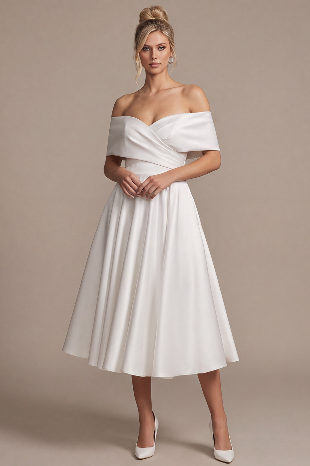 White Off the Shoulder Satin A-Line Tea-Length Rehearsal Dinner Dress