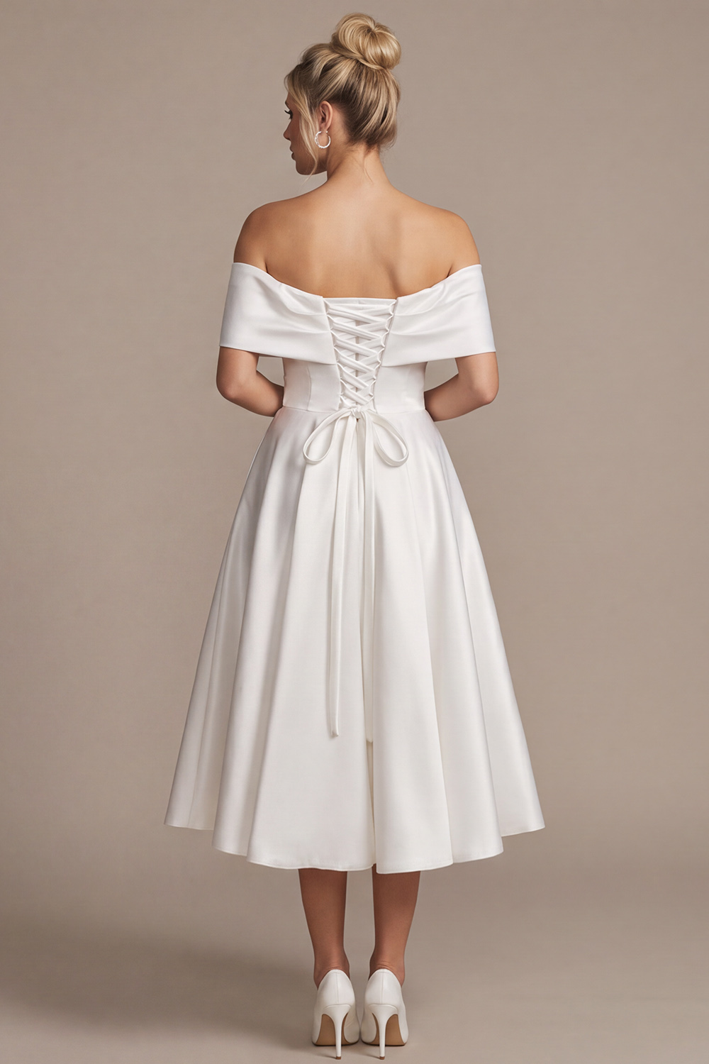 White Off the Shoulder Satin A-Line Tea-Length Rehearsal Dinner Dress
