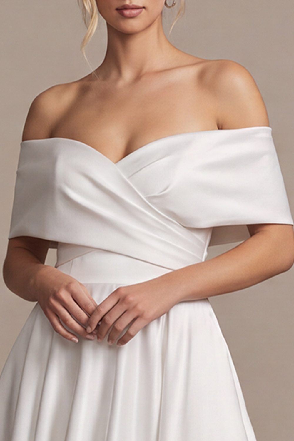 White Off the Shoulder Satin A-Line Tea-Length Rehearsal Dinner Dress