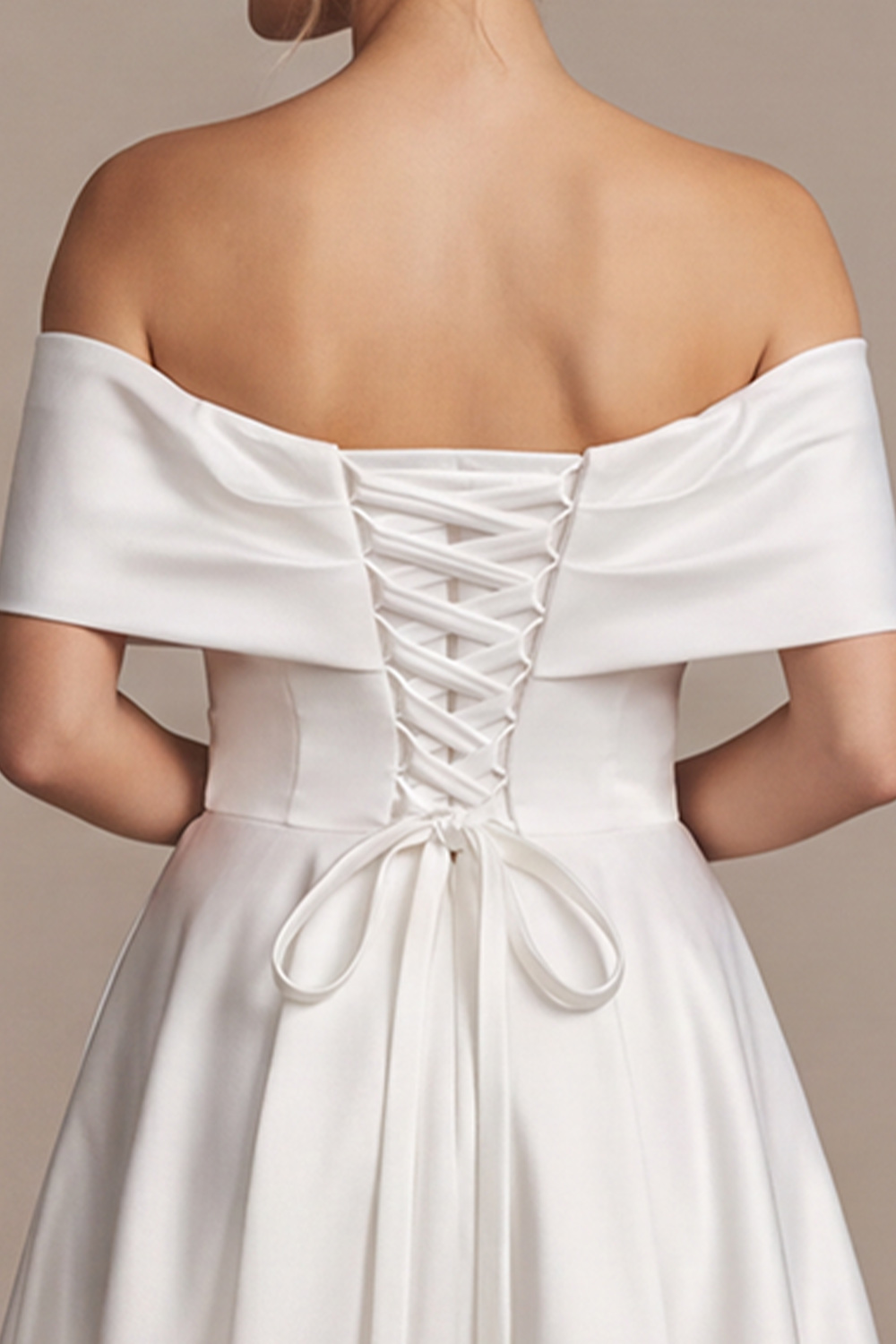 White Off the Shoulder Satin A-Line Tea-Length Rehearsal Dinner Dress