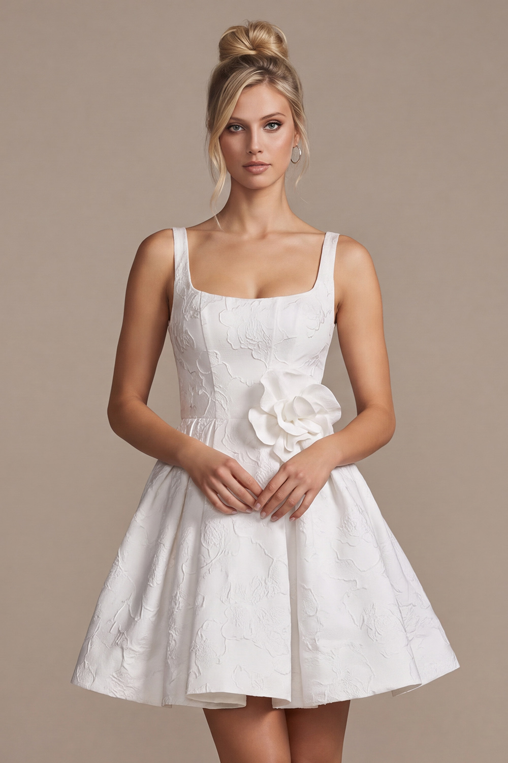 White Square Neck Floral A-Line Short Bridal Shower Dress with 3D Flower