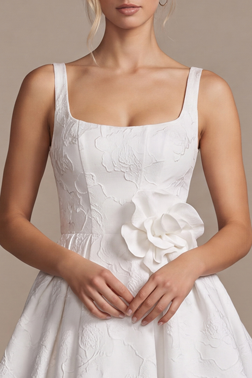 White Square Neck Floral A-Line Short Bridal Shower Dress with 3D Flower