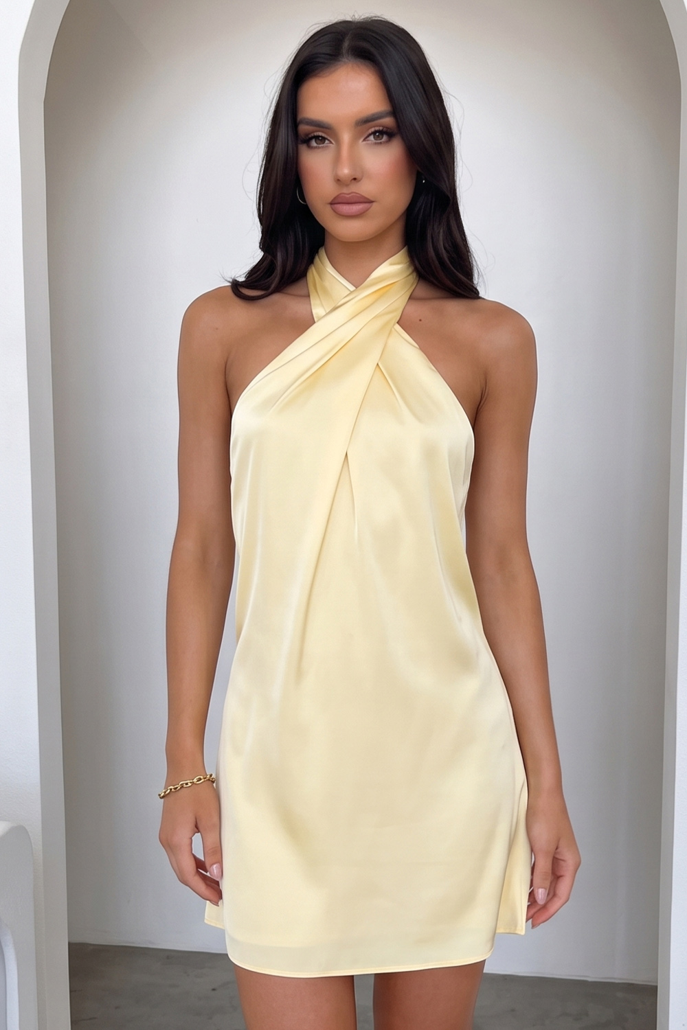 Light Yellow A Line Halter Short Homecoming Dress with Bow