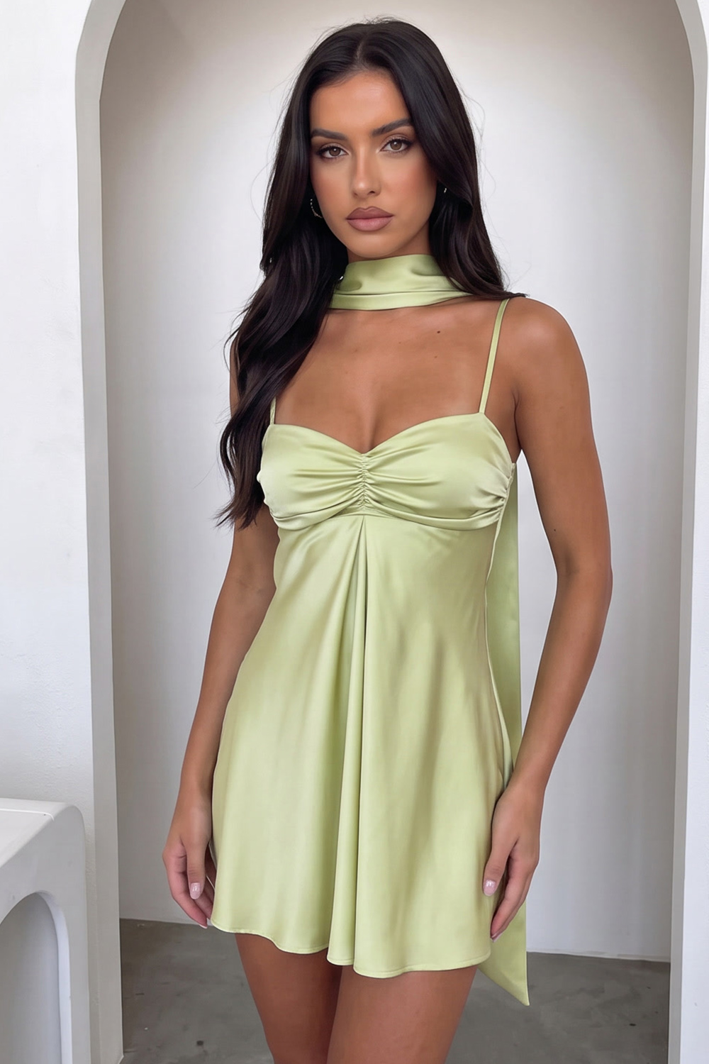 Light Green A-Line Neck Scarf Ruched Short Homecoming Dress