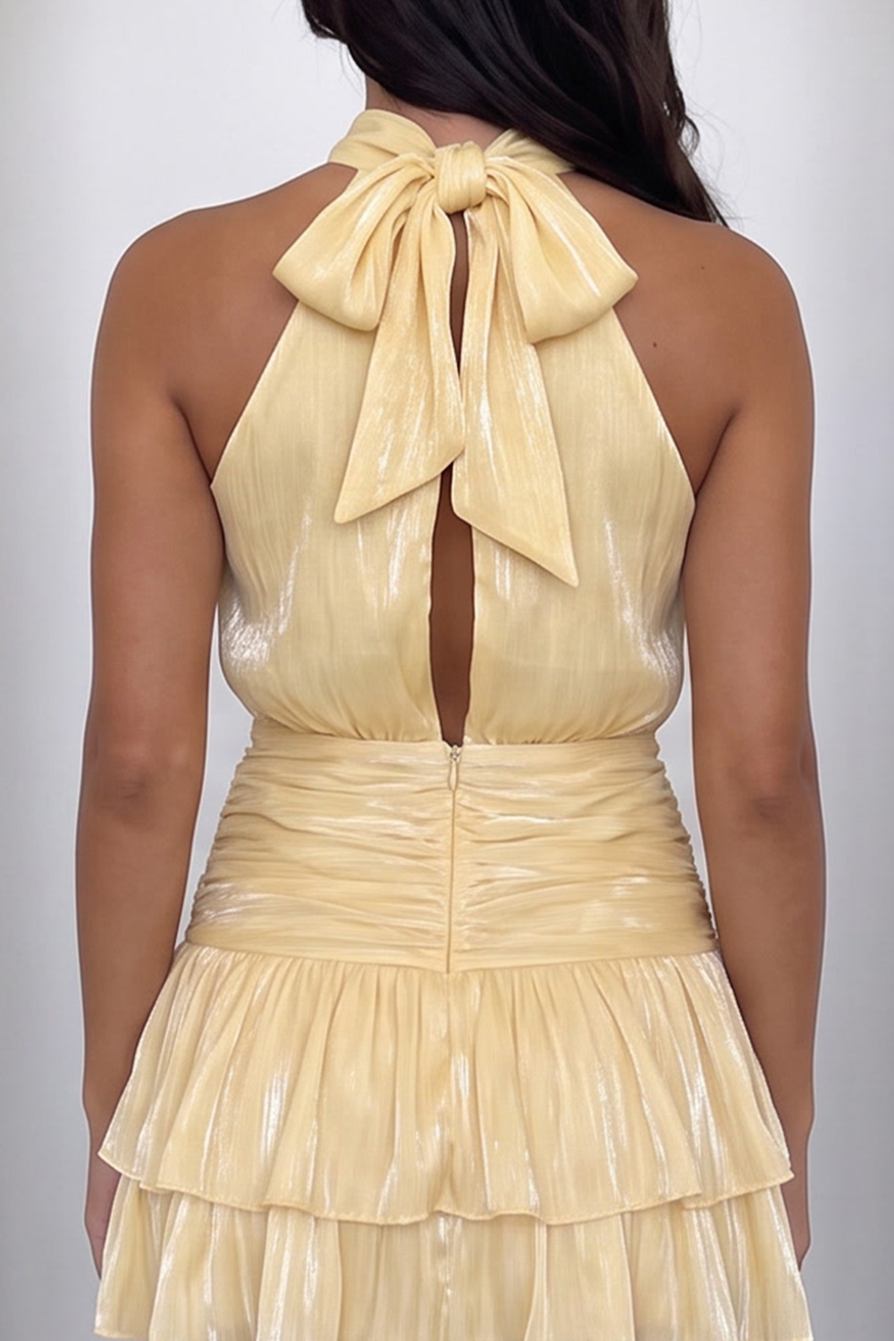 Light Yellow High Neck Ruched Tiered Short Homecoming Dress