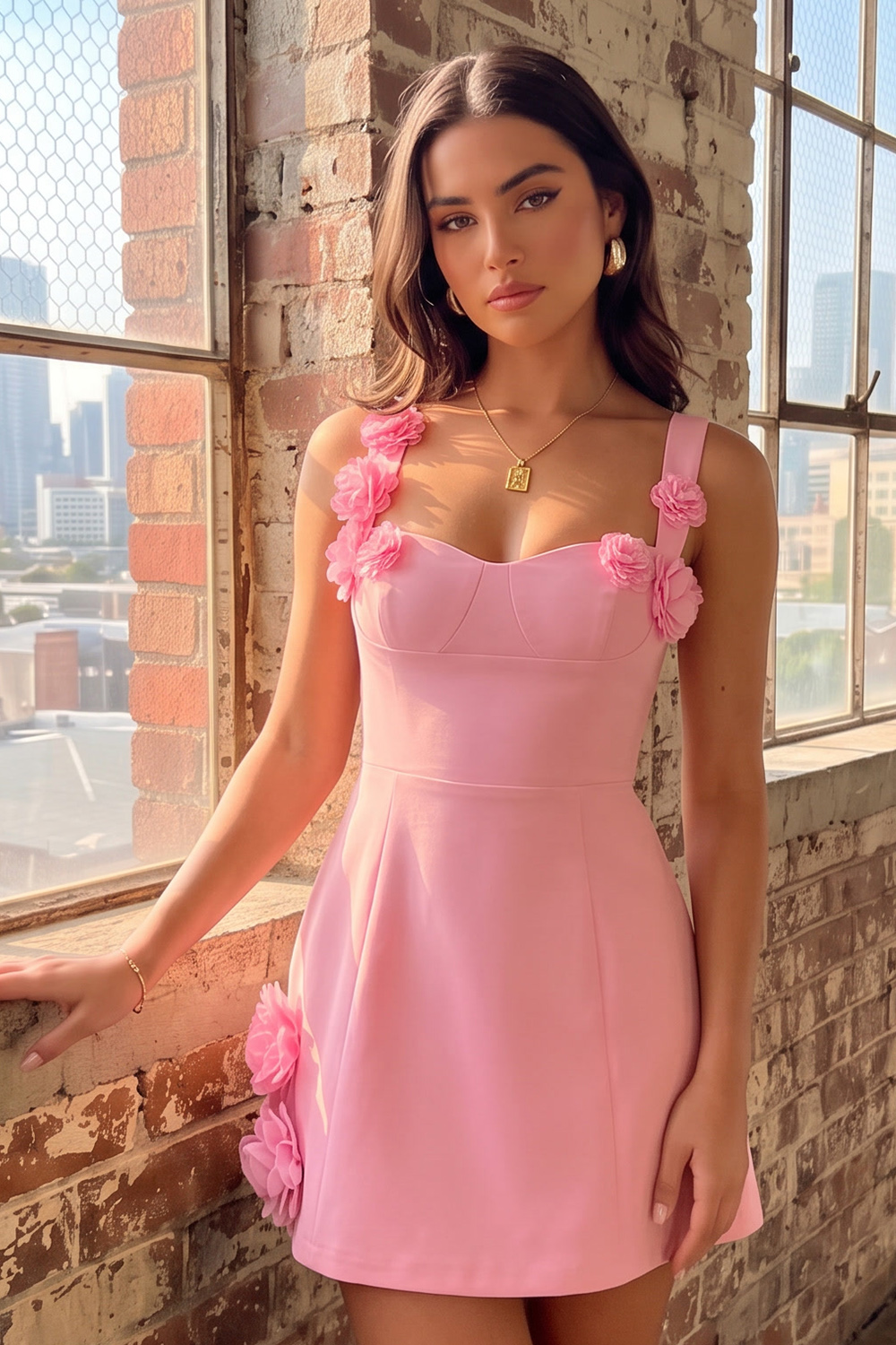 Pink Thick Straps A Line Short Homecoming Dress with 3D Flower