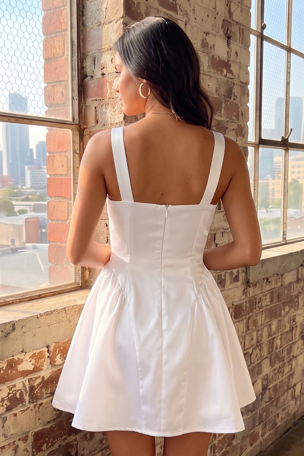 White A-Line Square Neck Satin Short Homecoming Dress