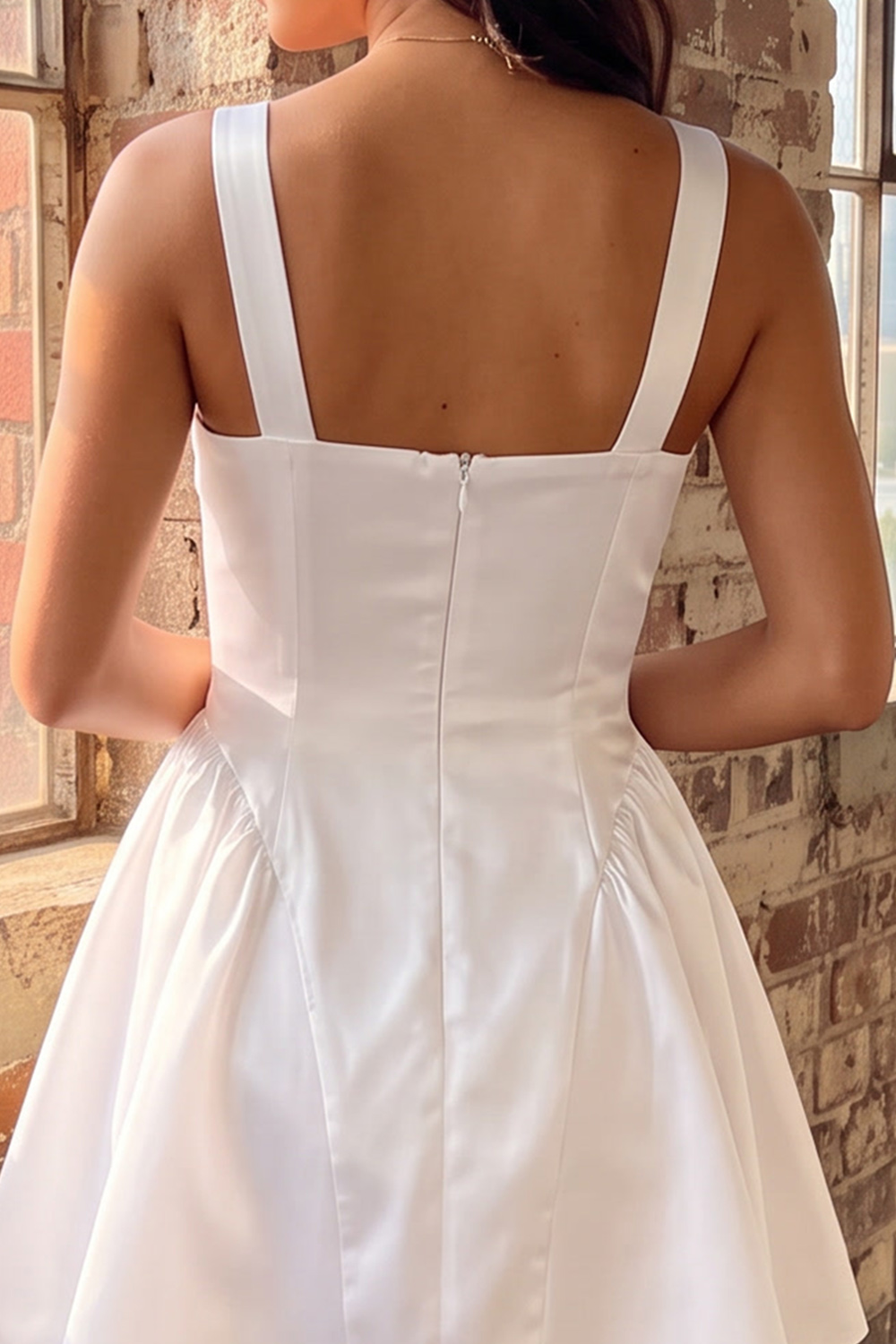 White A-Line Square Neck Satin Short Homecoming Dress