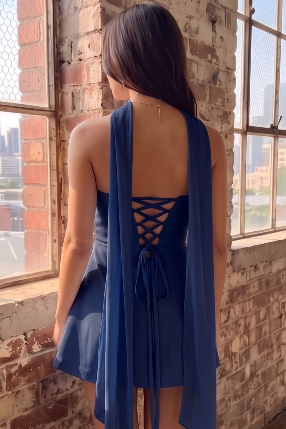 Light Blue A-Line Neck Scarf Short Homecoming Dress