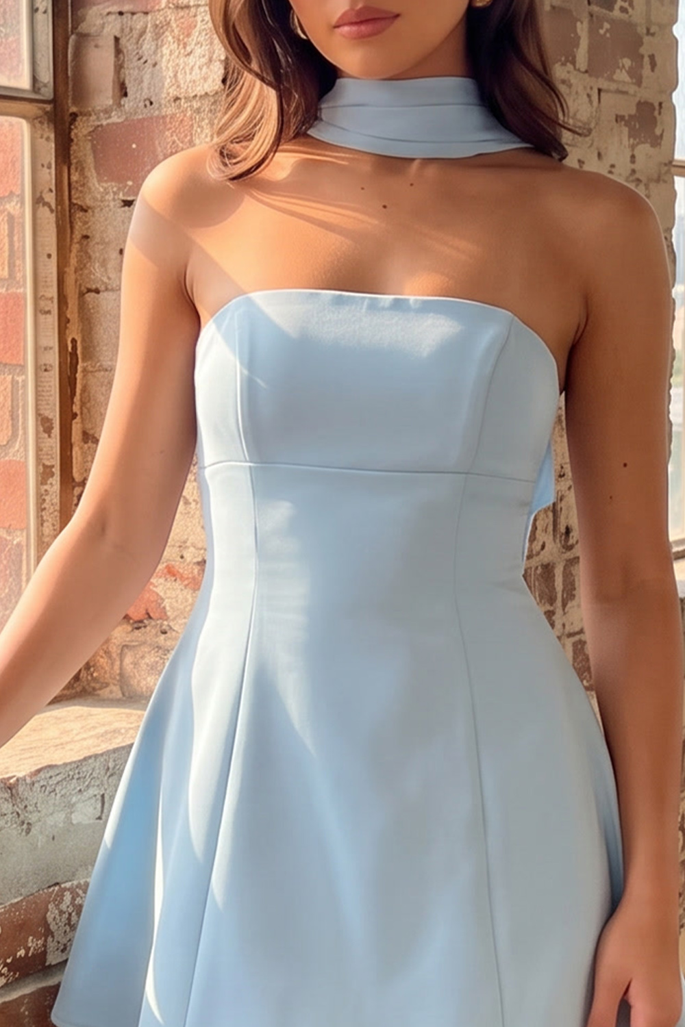 Light Blue A-Line Neck Scarf Short Homecoming Dress
